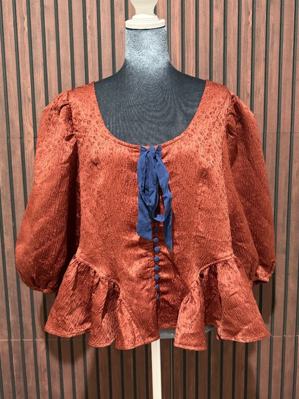 Free People Pamela Bow Top XL Spiced Rum Jacquard Peplum Blouse NWT